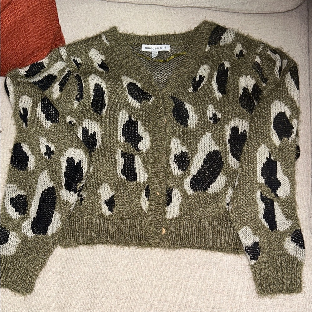 Madden Girl Olive Leopard Print Sweater
